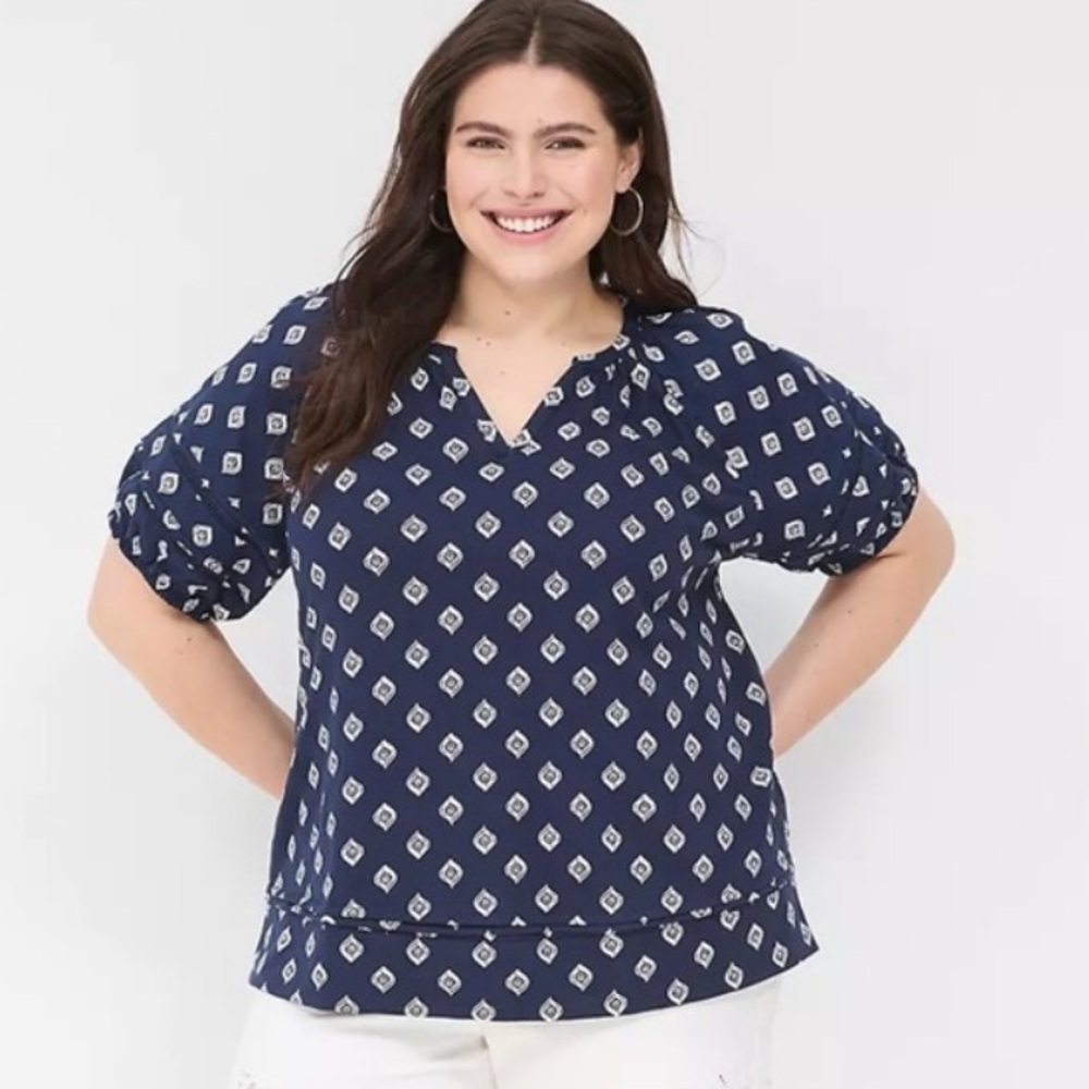 Lane Bryant 26/28 Navy Boho Print Peasant Top Puff Sleeve Plus Size - Picture 14 of 14